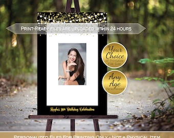 Birthday Guestbook Signature Photo Frame for Signing | Printable | Garland Lights and Gold Confetti | Personalized | DIGITAL PRINTABLE FILES