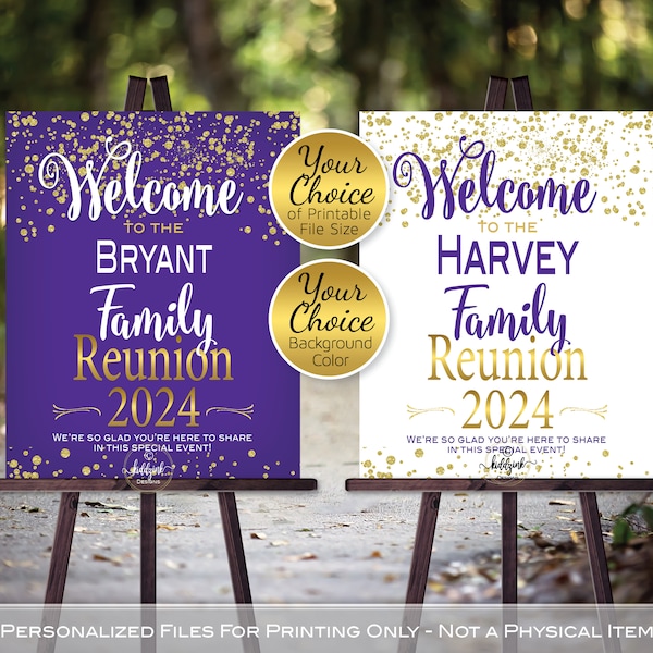 Family Reunion Personalized Welcome Sign Printable File | Gold Confetti on White or Purple | Any Year | DIGITAL PRINTABLE FILES