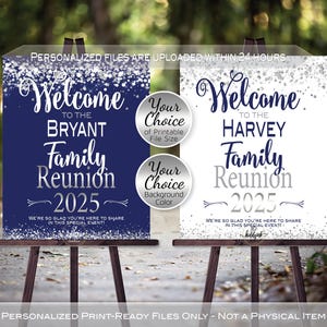 Family Reunion Personalized Welcome Sign Printable File | Silver Confetti on White or Navy Blue | Any Year | DIGITAL PRINTABLE FILES