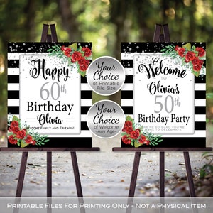 Birthday Welcome Sign Printables | Black White Stripes | Red Corner Roses | Silver Confetti | Personalized | Any Age | DIGITAL FILES