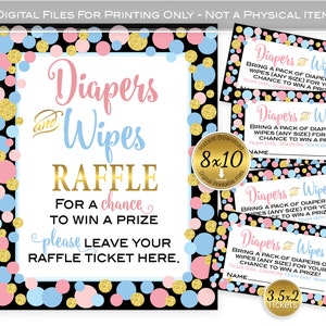 Diapers and Wipes Raffle 8x10 Sign and 3.5x2 Tickets | Gender Reveal | Baby Shower | Baby Blue Pink and Gold Dots | DIGITAL INSTANT DOWNLOAD