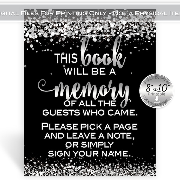 This Book Will Be a Memory 8x10 Table Sign | Guestbook | Garland Lights | Silver Confetti | Wedding | Birthday | DIGITAL INSTANT DOWNLOAD