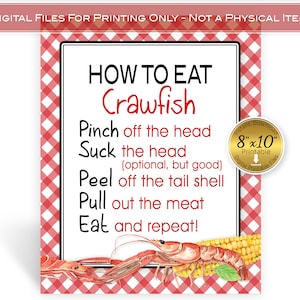 How to Eat Crawfish Directions 8x10 Printable Sign | Red Gingham | Birthday | Retirement | Engagement | PRINTABLE INSTANT DOWNLOAD
