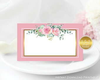 May include: Pink place card with a gold border and a floral design featuring pink roses and green leaves. The card is 3.5 x 2 inches when folded.  Instant Download Printable.