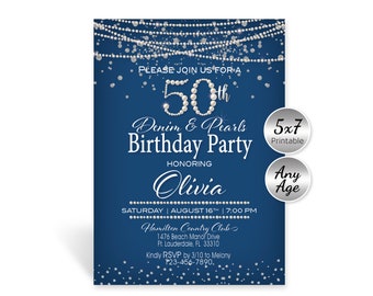 Denim and Pearls Birthday 5x7 Printable Invitation | Navy Silver | 40th 50th 60th | Any Age | Personalized | DIGITAL PRINTABLE FILES