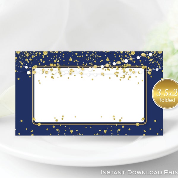 Name Place Cards | 3.5x2 Tent-Folding | Navy Gold | Confetti and Garland | Non-Editable | Print-Ready | INSTANT DIGITAL DOWNLOAD