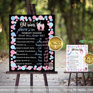Baits or Bows | Old Wives&#39; Tales Gender Reveal Printable | Baby Shower | Blue Pink | Hair Bow | Fishing Rod | DIGITAL INSTANT DOWNLOAD