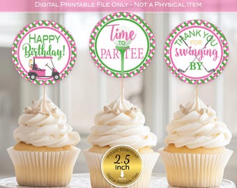 Girl's Golf Birthday 2.5 Inch Cupcake Toppers: Pink and Green, Time to Par-Tee, Thank You for Swinging By (DIGITAL INSTANT DOWNLOAD)