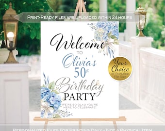 Blue Hydrangeas Birthday Party Welcome Sign for Any Age | Botanical Garden Party Coquette Design (Printable Digital)