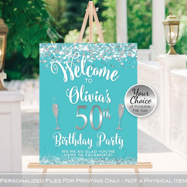 Birthday Welcome Sign Printable | Garland Lights Silver Confetti | Aqua White | 50th 60th | Any Age | Personalized | DIGITAL PRINTABLE FILES