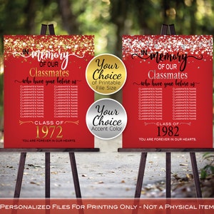 In Memory of Classmates Class Reunion Any Year Personalized Sign Printable File | Gold or Silver on Red | DIGITAL PRINTABLE FILES