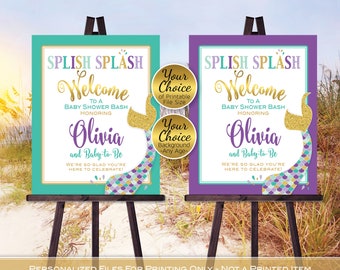 Mermaid Welcome Poster Printables for Baby Shower | Purple Teal Gold | Faux Glitter Gold | Personalized | Digital PRINTABLE FILES