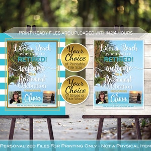 Life's a Beach When You're Retired Welcome | Aqua Stripes or Faux White Wood | Retirement | Personalized | DIGITAL PRINTABLE FILES