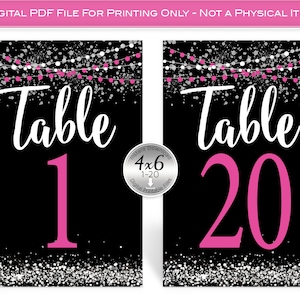Table Number Signs 1-20 | 4x6 | Hot Pink Garland | Silver Confetti on Black | Birthday | Wedding | Anniversary | PRINTABLE DIGITAL DOWNLOAD