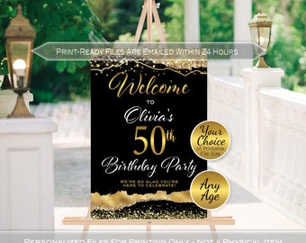 Birthday Welcome Sign Printables | Black and Gold Agate | Gold Confetti | 40th 50th 60th Any Age | Personalized | DIGITAL PRINTABLE FILES