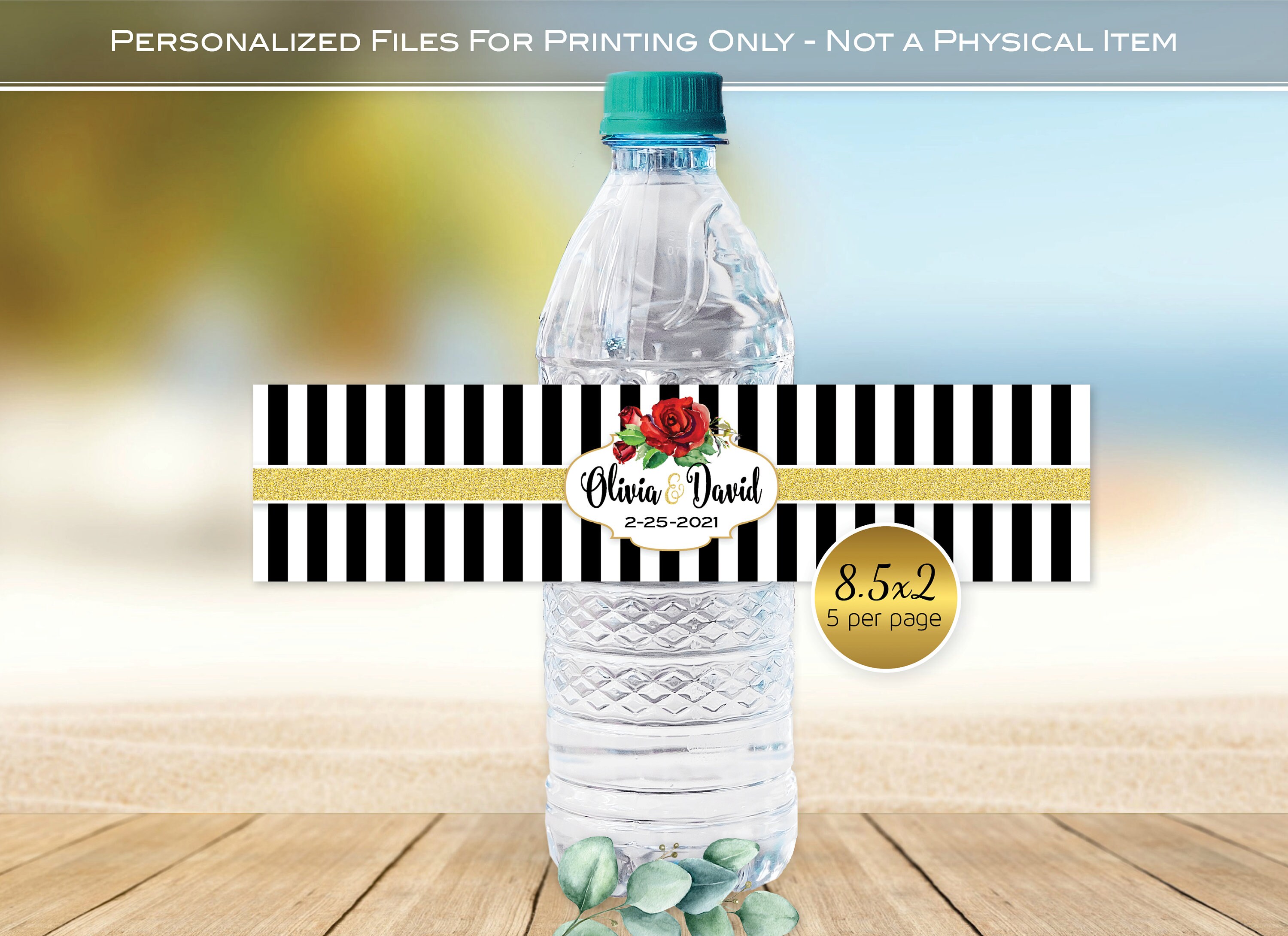 Water Bottle Labels | Personalized | Wedding | Rehearsal Dinner | Black and White Stripes with Red Roses | Gold | DIGITAL PRINTABLE FILES
