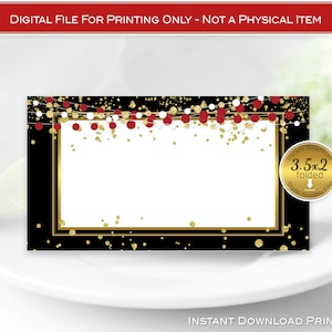 Name Place Cards | 3.5x2 Tent-Folding | Black Red Gold | Garland Gold Confetti | Non-Editable | Print-Ready | INSTANT DIGITAL DOWNLOAD