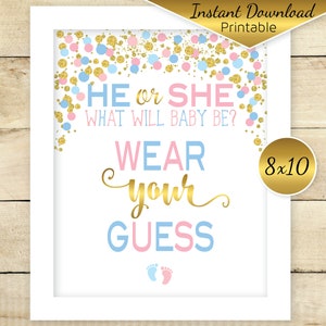 Wear Your Guess Gender Reveal 8x10 Sign Printable Decor He or She What ...