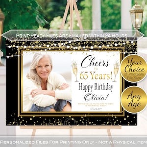 Birthday Cheers Welcome Sign | Any Age | Gold Confetti on Black | Landscape With Photo | Personalized | PRINTABLE DIGITAL File