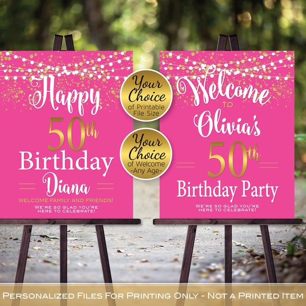 Birthday Welcome Sign Printable | Hot Pink | Garland Lights Gold Confetti | 40th 50th 60th Any Age | Personalized | DIGITAL PRINTABLE FILES