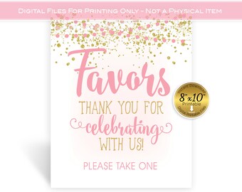 Favors Table 8x10 Sign Printable | Baby Shower | Birthday | Pink and White Garland with Gold Confetti | DIGITAL INSTANT DOWNLOAD