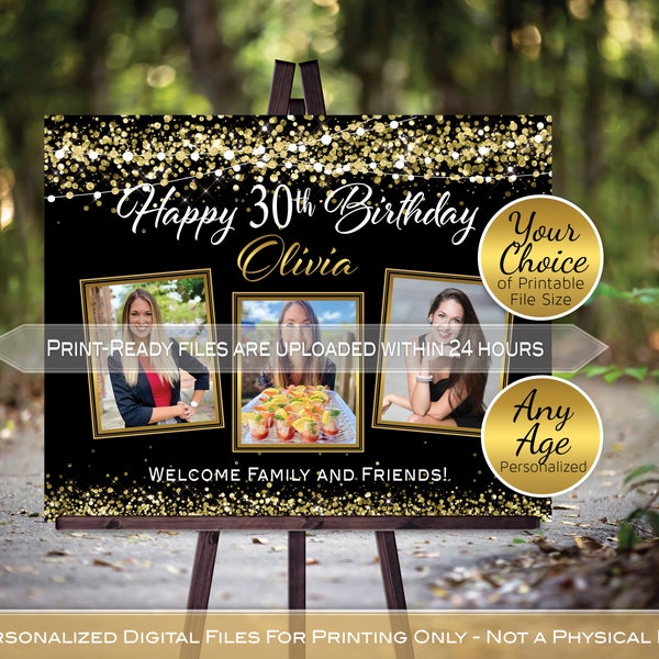 Happy Birthday Multi Photo Welcome Sign | Garland Lights Gold Confetti | Landscape Black | Any Age | Personalized | PRINTABLE DIGITAL FILE
