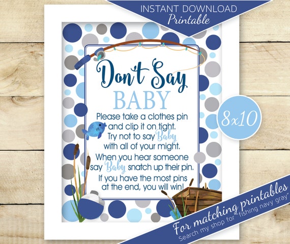 Don't Say Baby Clothes Pin Baby Shower Game Printable 8x10 Table Sign |  Fishing Theme | Navy Gray Blue | DIGITAL INSTANT DOWNLOAD