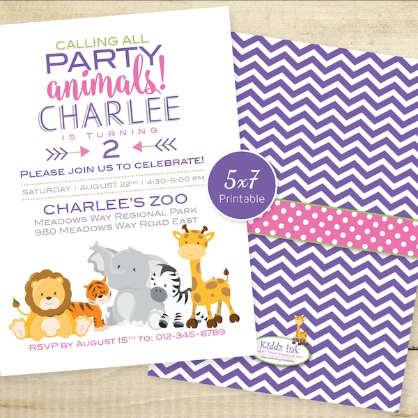 Zoo Birthday 5x7 Invitation | Calling All Party Animals | Any Age | Printable | Purple Pink Green | Personalized | DIGITAL FILE for Printing