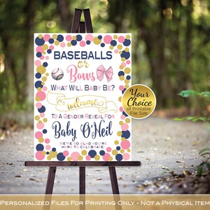 Baseballs or Bows Gender Reveal Welcome Sign Printables | Pink Gold Navy Blue on White | Personalized | PRINTABLE DIGITAL FILES
