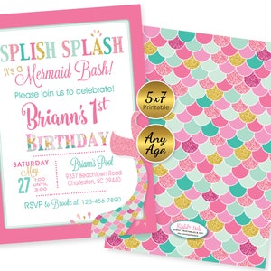 Mermaid Birthday Bash Invitation | Pink Mint Teal Gold | Any Age | Splish Splash | Under the Sea | 5x7 | Personalized Printable DIGITAL FILE
