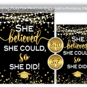 She Believed She Could So She Did Graduation 8x10 and 5x7 Printable Sign | Gold on Black | Confetti Garland | Digital INSTANT DOWNLOAD