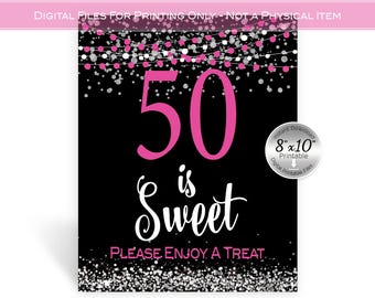 50 is Sweet Enjoy a Treat | 50th Birthday 8x10 Printable Sign | Hot Pink Black | Silver Confetti Garland | Fifty | Digital INSTANT DOWNLOAD