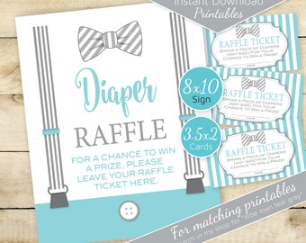 Little Man Diaper Raffle Tickets and 8x10 Table Sign for Baby Shower or Sprinkle | Bow Tie | Teal Gray | Printable INSTANT DOWNLOAD