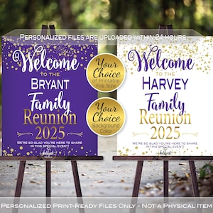 Family Reunion Personalized Welcome Sign Printable File | Gold Confetti on White or Purple | Any Year | DIGITAL PRINTABLE FILES