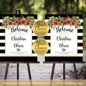 Wedding or Rehearsal Dinner Welcome Sign Printable | Black White Stripes with Red Roses | Personalized | DIGITAL PRINTABLE FILES