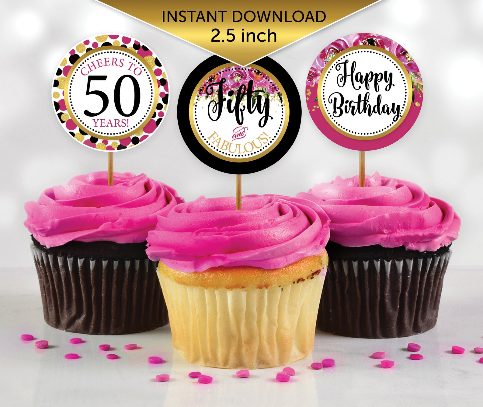 Round Cupcake Toppers 50th Birthday Cheers to 50 Years Etsy