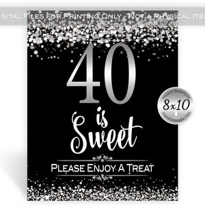 Forty is Sweet Treats Table 8x10 Printable Sign | 40th Birthday | on Black | Silver Confetti | Garland Lights | Digital INSTANT DOWNLOAD