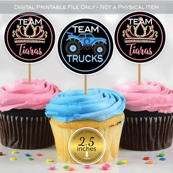 Gender Reveal Cupcake Toppers | Trucks or Tiaras | 2.5 Inches | Pink Blue on Black | Boy or Girl | Digital Printable INSTANT DOWNLOAD