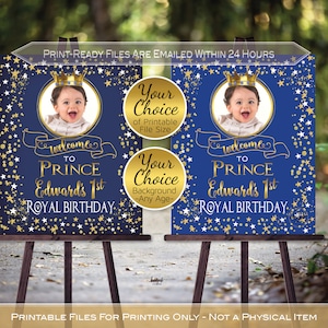 Royal Prince Birthday Party Welcome Sign Printable with Photo | Navy or Royal | Gold Crown | Any Age | Personalized | PRINTABLE DIGITAL File