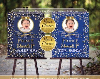Royal Prince Birthday Party Welcome Sign Printable with Photo | Navy or Royal | Gold Crown | Any Age | Personalized | PRINTABLE DIGITAL File