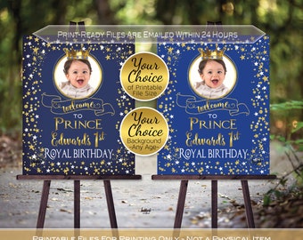 Royal Prince Birthday Party Welcome Sign Printable with Photo | Navy or Royal | Gold Crown | Any Age | Personalized | PRINTABLE DIGITAL File