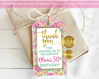 Thank You Favor Tags | Personalized 2x3.5 | Preppy Pink with Lilies, Green and Gold (Digital Download)