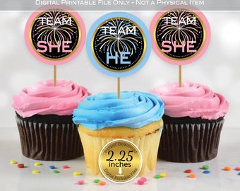 Fireworks Gender Reveal Cupcake Toppers | Team He Team She | 2.25 Inches | Baby Blue Pink Gold | Digital Printable INSTANT DOWNLOAD