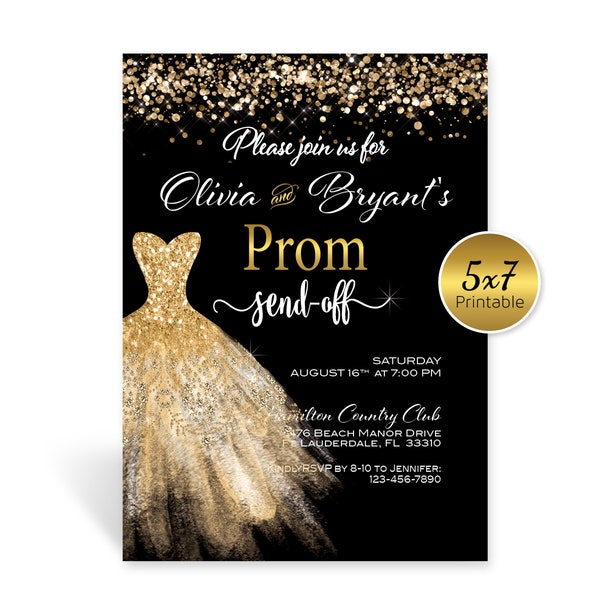 Prom Send Off Invitation | 5x7 | Personalized | Gold Confetti on Black | Gold Glitter Glam Dress | DIGITAL PRINTABLE FILES