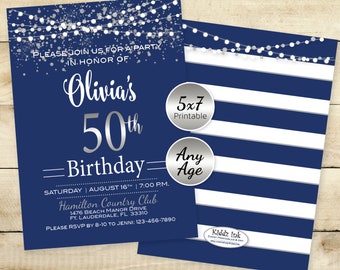 Birthday 5x7 Invitation | Silver Confetti | Garland on Navy | 40th 50th 60th 70th | Any Age | Personalized | DIGITAL PRINTABLE FILES