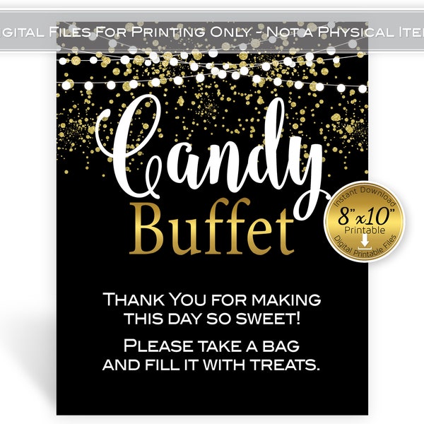 Candy Buffet 8x10 Printable Sign | Birthday | Wedding |  Anniversary | Faux Gold Confetti and Garland on Black | Digital INSTANT DOWNLOAD