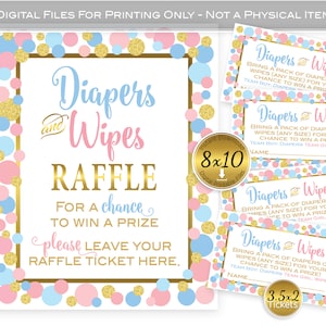 Diapers and Wipes Gender Reveal Raffle 8x10 Sign and 3.5x2 Tickets | Baby Blue Pink and Gold Dots | DIGITAL INSTANT DOWNLOAD