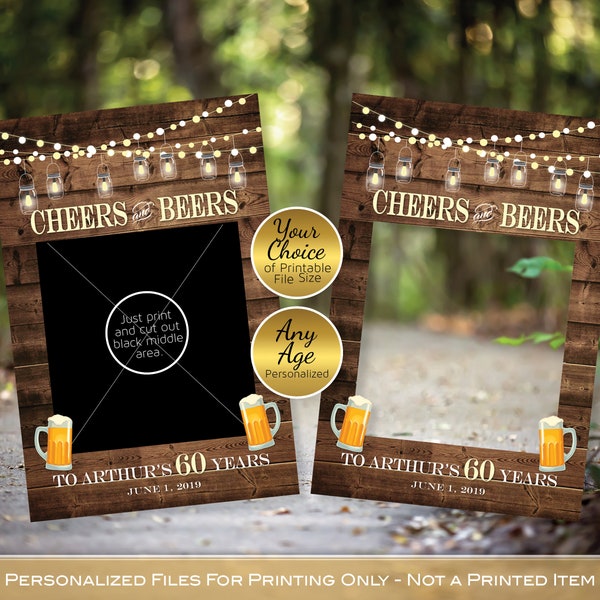 Birthday Cheers & Beers Selfie Photo Sign Printable | Garland Lantern Lights on Faux Wood Background | Any Age | DIGITAL PRINTABLE FILES