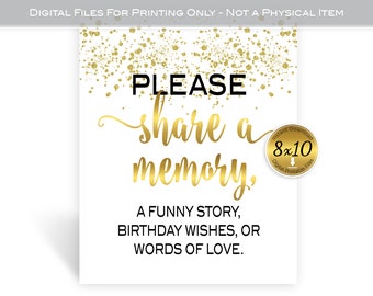 Birthday Share a Memory 8x10 Table Sign Printable | Birthday Wishes | Faux Gold Confetti | White Background | Digital INSTANT DOWNLOAD
