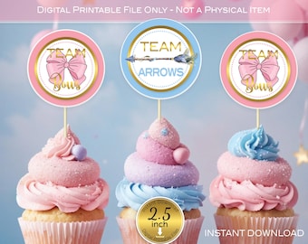 Team Bows or Team Arrows Gender Reveal Cupcake Toppers 2.25 Inches Round | Pink Bow | Feathered Arrow | Digital Printable INSTANT DOWNLOAD